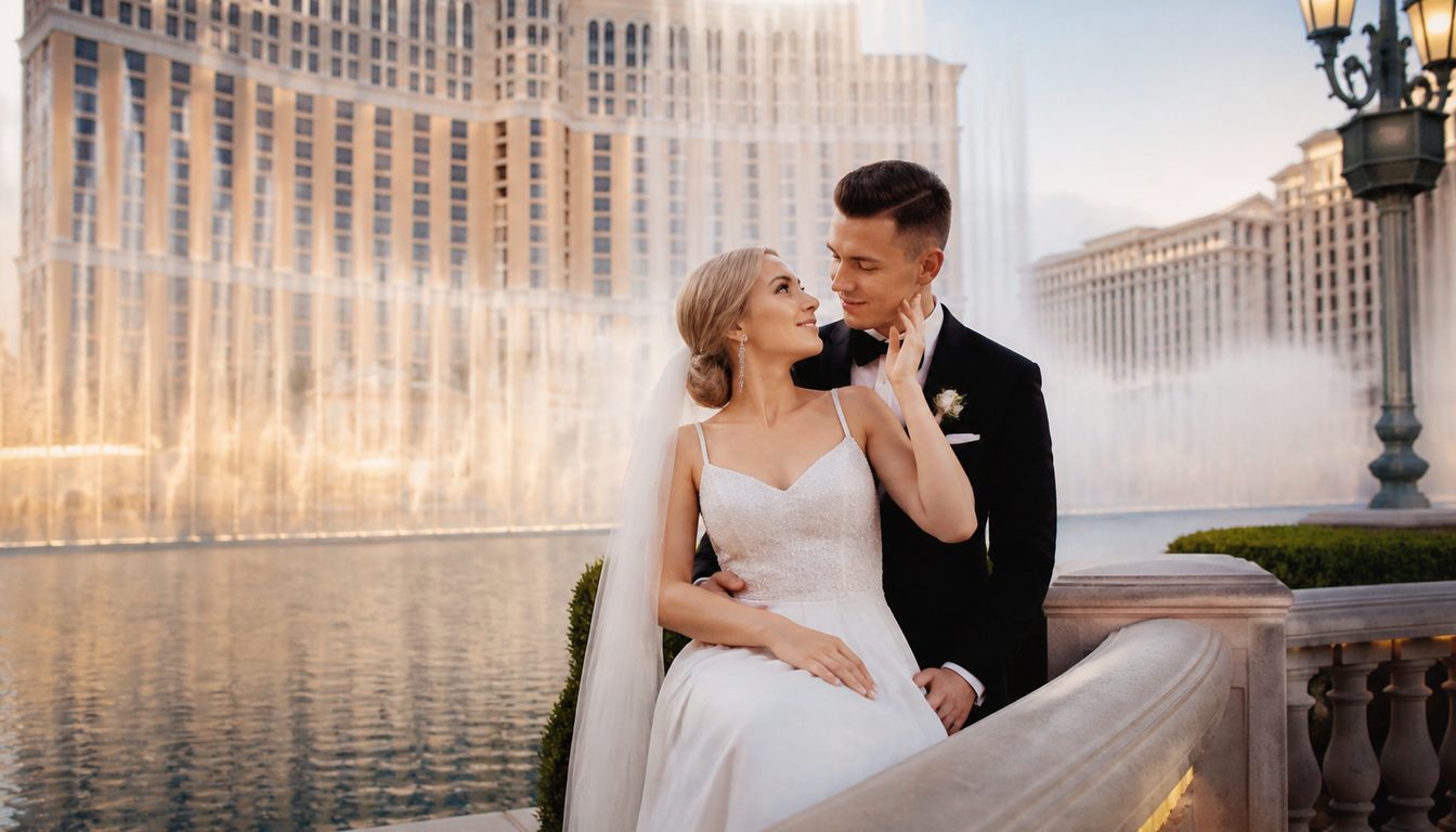 Пара у фонтанов Bellagio в Лас-Вегасе — свадебная фотосессия WedTour