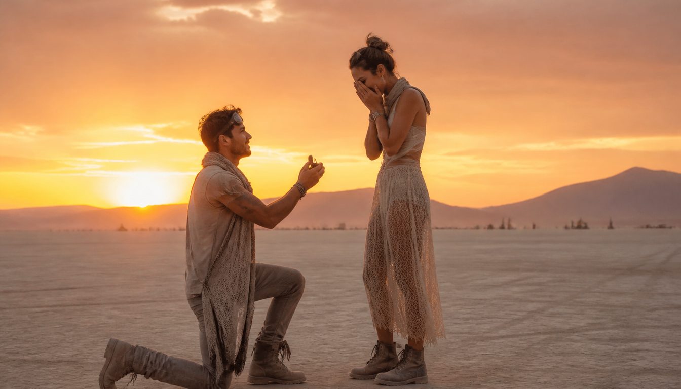 Предложение руки на рассвете в пустыне Burning Man — закат над Блэк-Рок