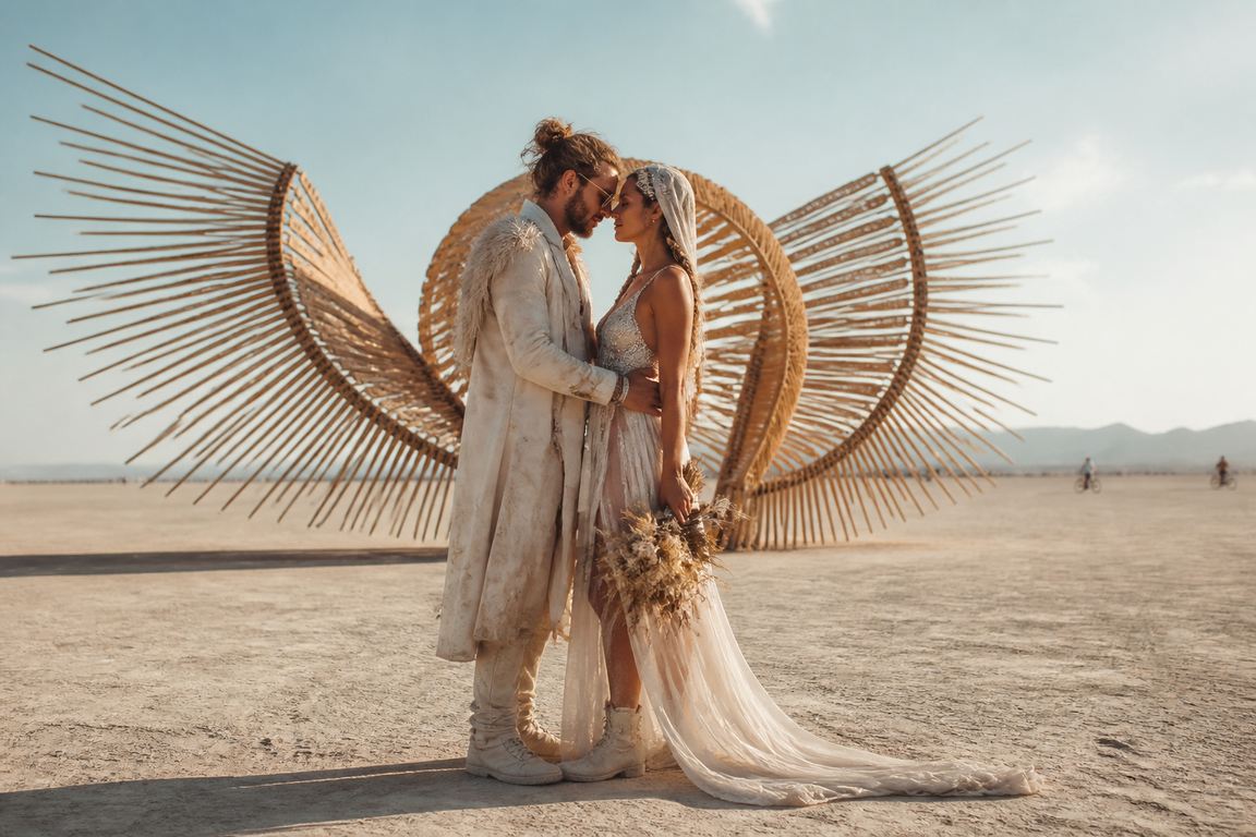 Реальная свадьба на Burning Man — пара у арт-объекта в пустыне WedTour