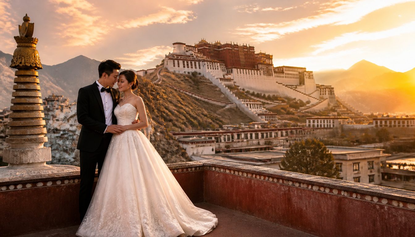 Закат над Лхасой с Дворцом Потала — золотой час для свадебной фотосессии WedTour