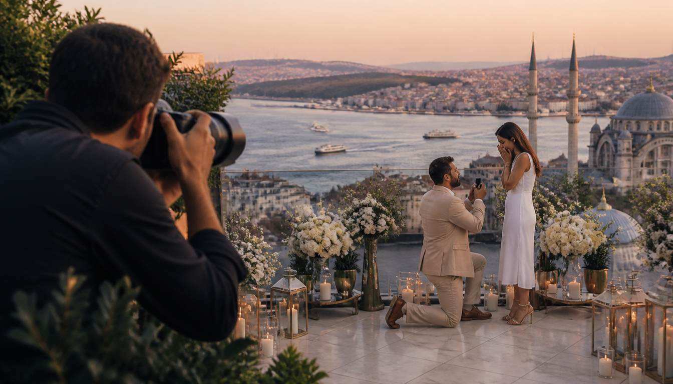 Фотограф с телеобъективом незаметно снимает момент предложения руки в Стамбуле