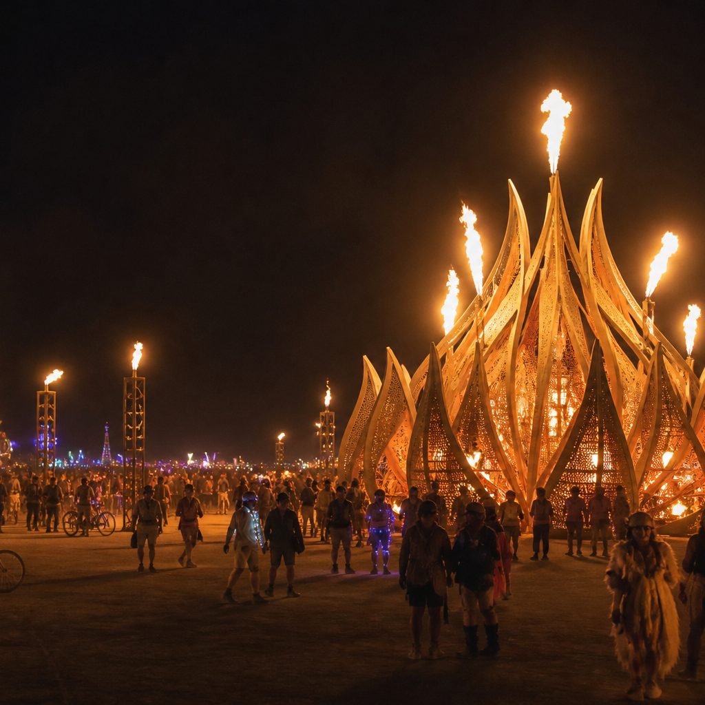Арт-объекты ночью Burning Man — огонь и свет в пустыне