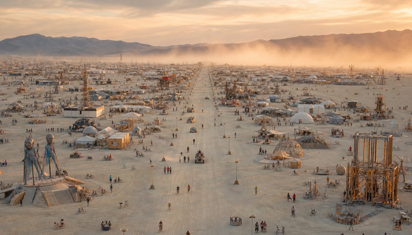 Панорама временного города Black Rock City на Burning Man — улицы, арт-объекты