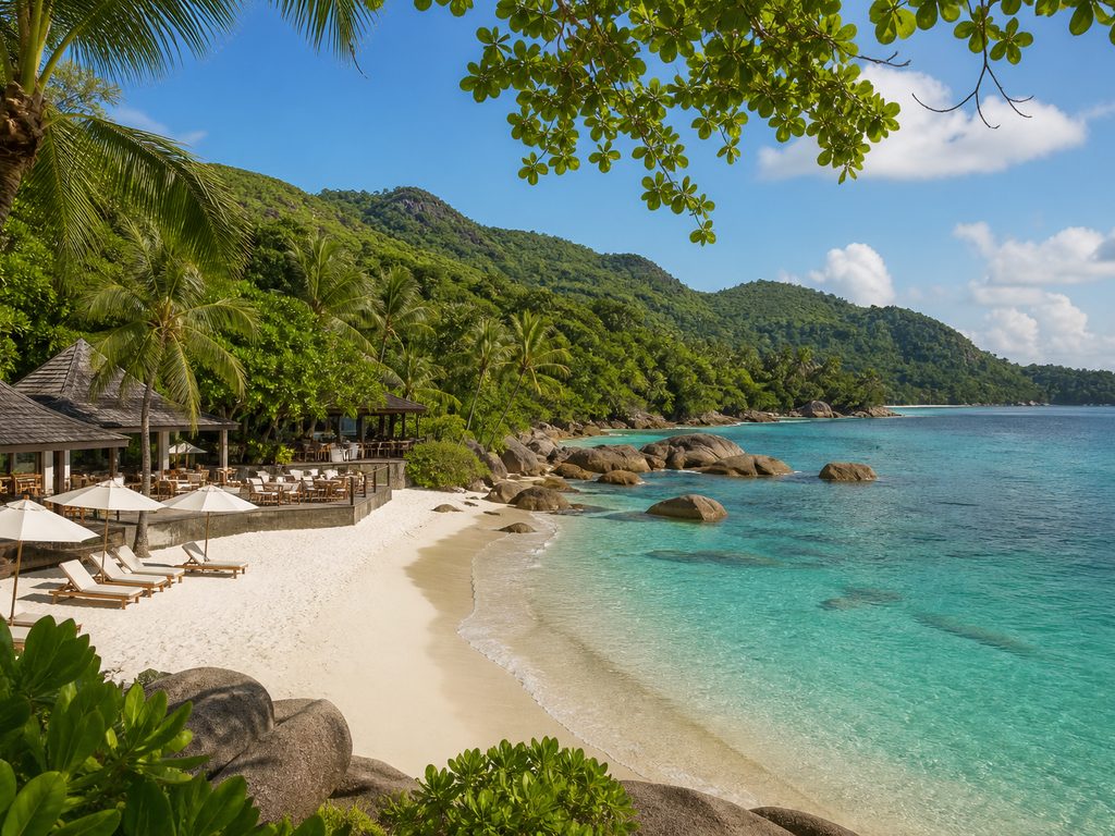 Constance Ephelia Resort территория отеля с пляжем на Сейшелах